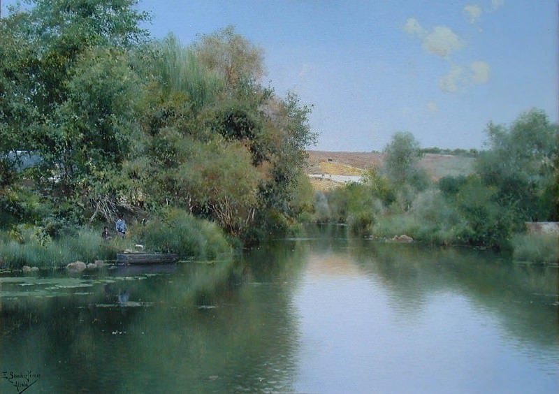 Sanchez Perrier Landscape with boat and men. Перье Эмилио Санчес
