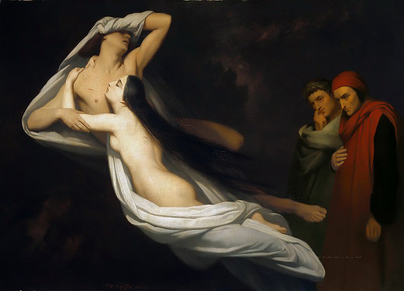 Francesca da Rimini en Paolo Malatesta aanschouwd door Dante en Vergilius. Ary Scheffer