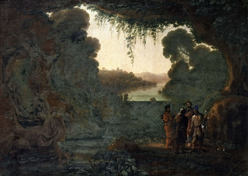Landscape with hunters in a cave, Hermann van Swanevelt