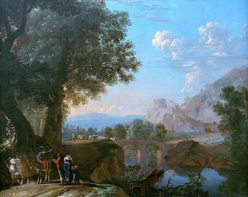 Итальянский пейзаж с каменным мостом и замком. Герман ван Сванвельт