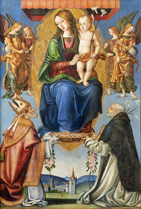 Мадонна с Младенцем с понтификом и святым Домиником. Бернардино ди Мариотто делло Станьо