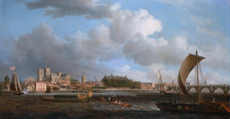 Westminster from Lambeth, with the Ceremonial Barge of the Ironmongers’ Company. Samuel Scott