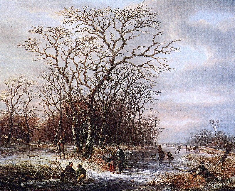 Schelfhout Andreas Scaters on frozen canal Sun. Андреас Схелфхаут