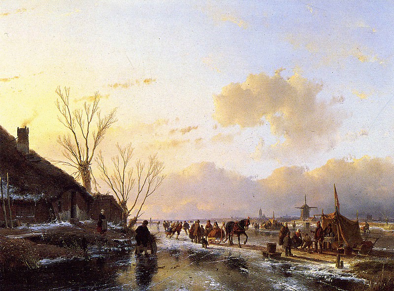 Schelfhout Andreas People on frozen river Sun. Andreas Schelfhout
