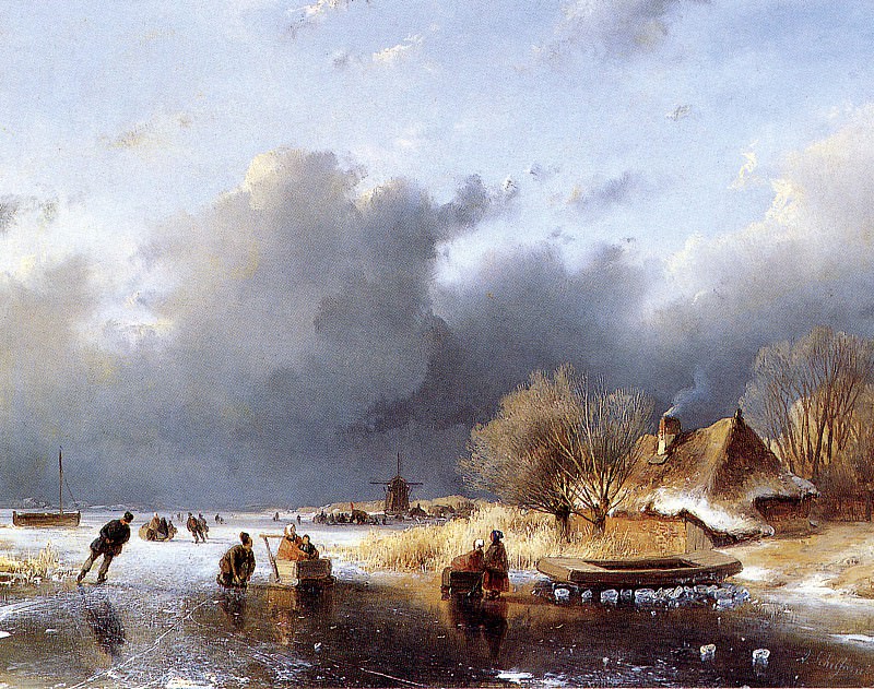 Schelfhout Andreas Scaters on river near farm Sun. Андреас Схелфхаут