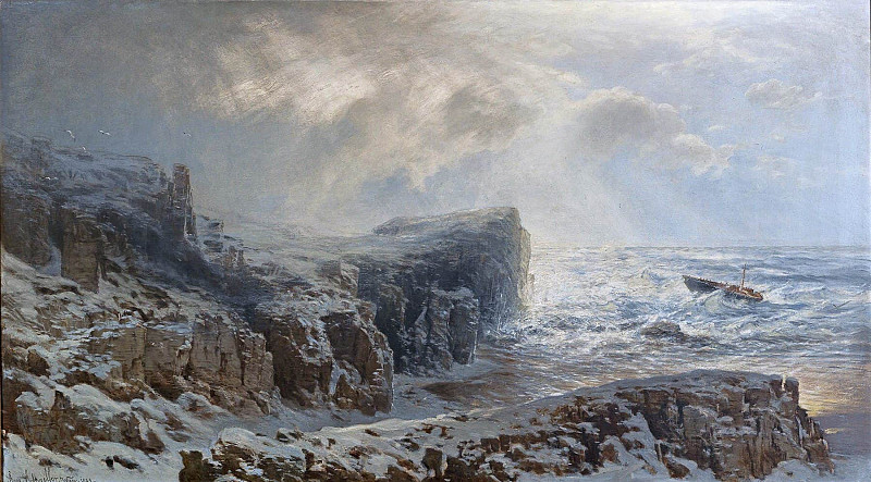 Snowstorm on a Nordic coast; Schneesturm an einer nordischen Küste. August Schaeffer von Wienwald