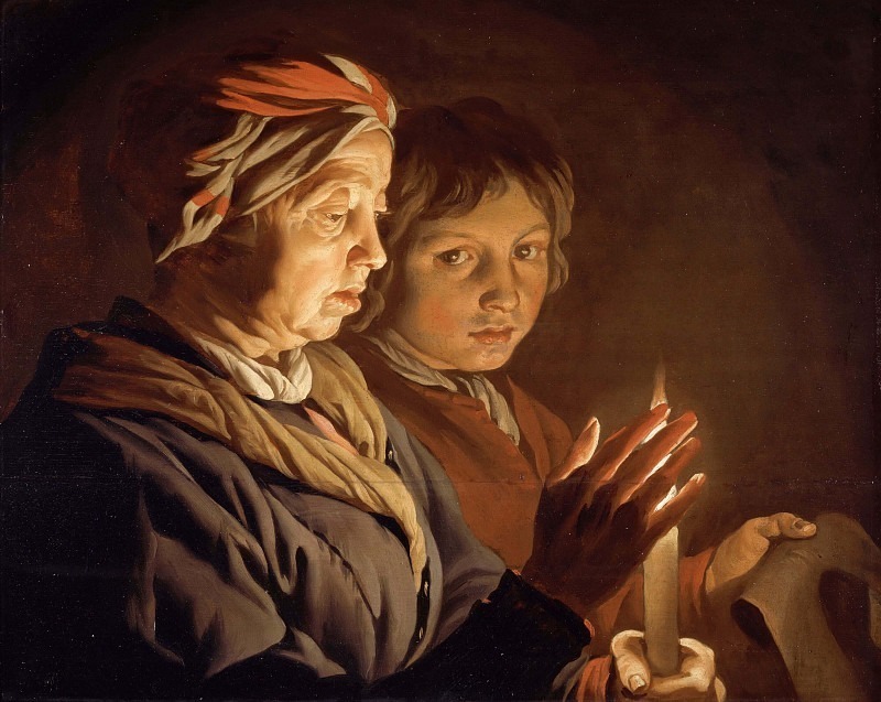 Old Woman And A Boy By Candlelight