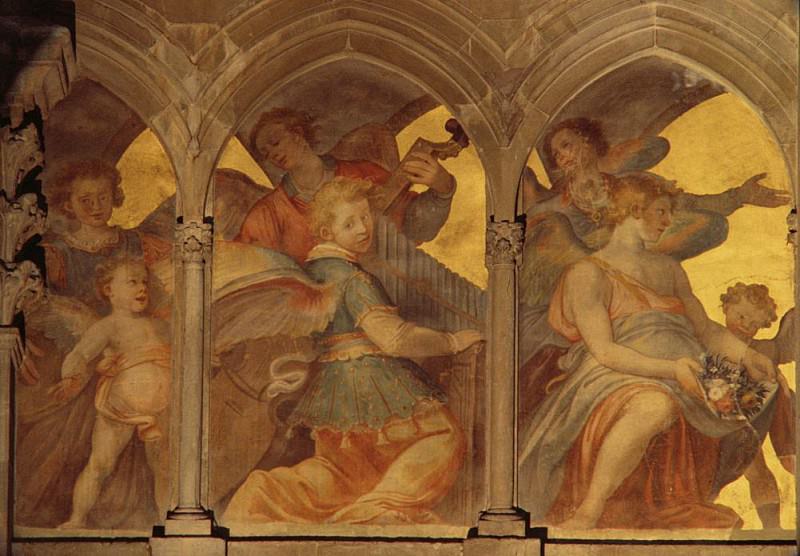 Musical angels within a trompe loeil cloister. Santi di Tito