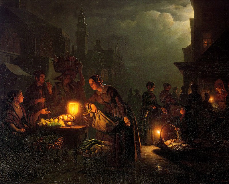 Schendel van Petrus Marketscene by candlelight Sun. Петрус ван Шендель