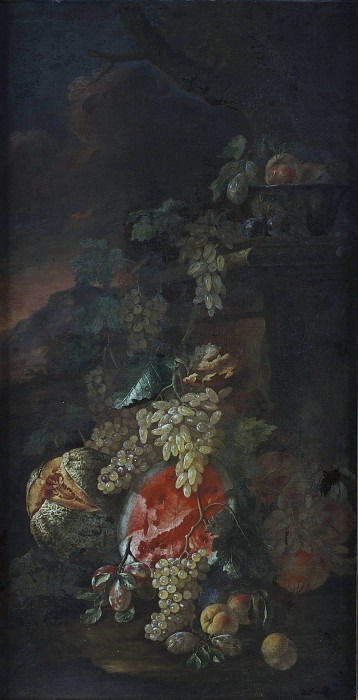 Fruit Piece with a Landscape Background. Giovanni Paolo Spadino