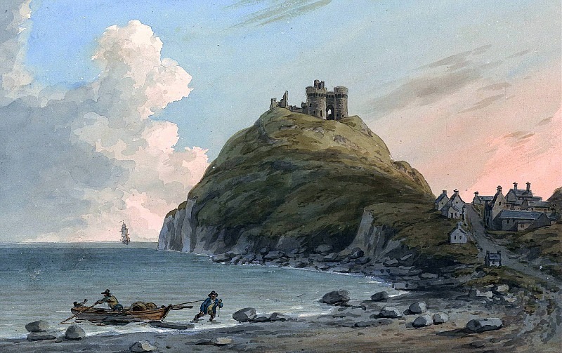 Руины замка Крисит и часть города на берегу залива Кардиган. Восточный вид, Карнарвоншир.. Джон Уорвик Смит