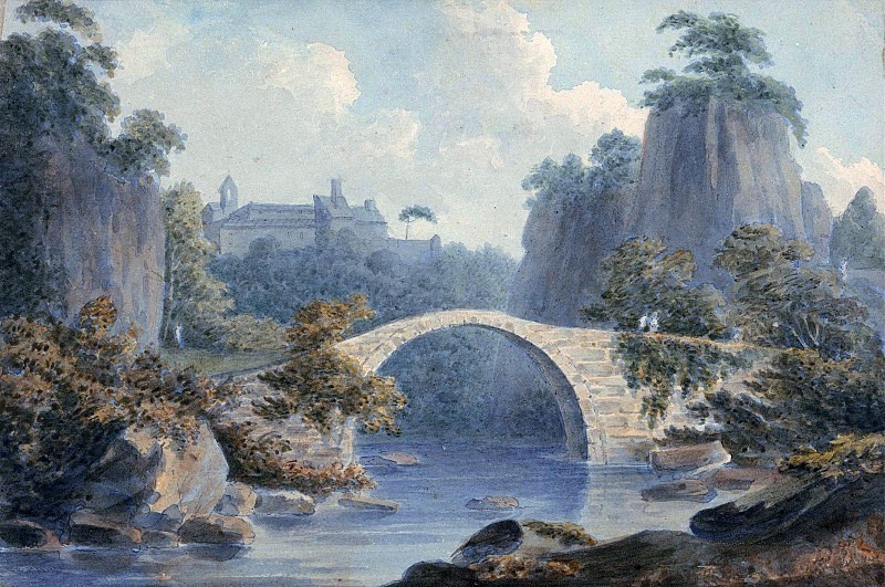 Речной пейзаж с одинарным арочным мостом. Джон Уорвик Смит