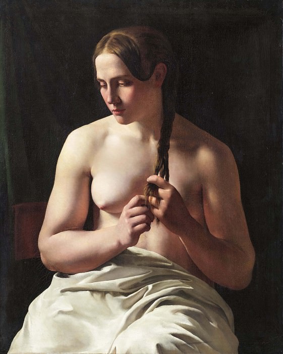 Woman braiding her hair. Ludvig August Smith