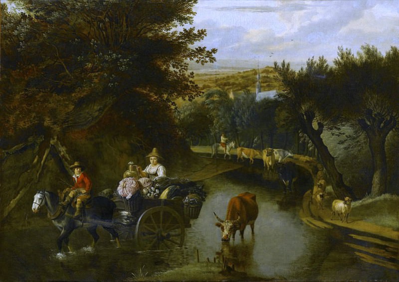 A wooded landscape with peasants in a horse-drawn cart travelling down a flooded road. Jan Siberechts
