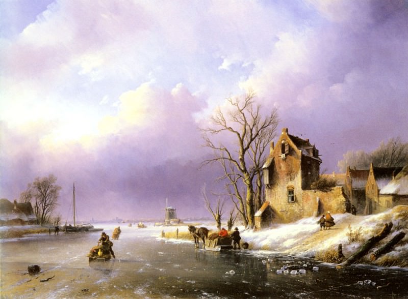 Spohler Jan Jacob Winter landscape With Figures On A Frozen River. Jan Jacob Coenraad Spohler