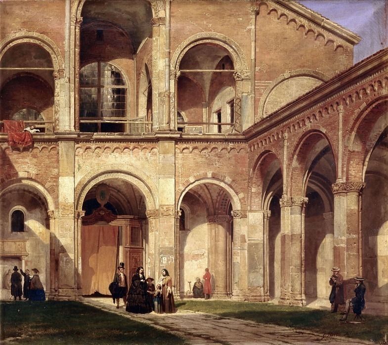 Перспективный вид четырехстороннего портика церкви Сант-Амброджо в Милане. Гульельмо Стелла