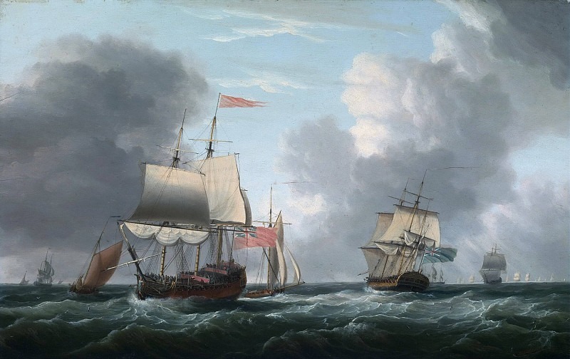 An English Two-Decker Lying Hove to, with Other Ships and Vessels in a Fresh Breeze. Dominic Serres