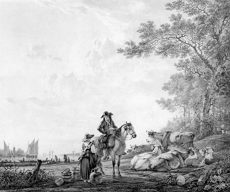 Strij van Jacob Landscape with horseman and maid. Jacob van Strij