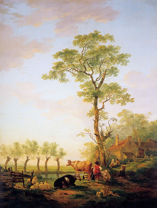 Strij van Jacob Dutch landscape with cattle and farm Sun. Jacob van Strij
