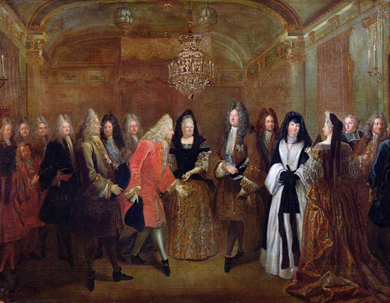 Louis XIV (1638-1715) welcomes the Elector of Saxony, Frederick Augustus II (1670-1733). Louis de Silvestre