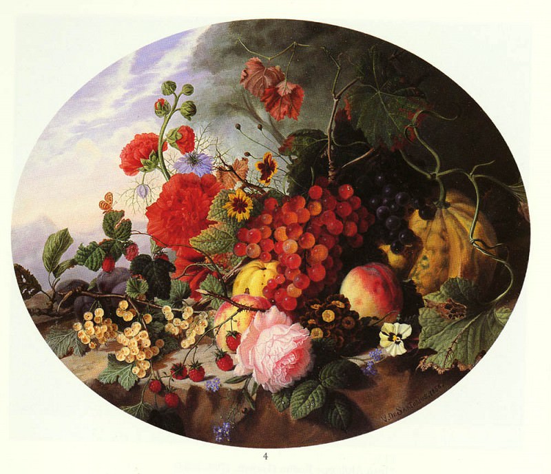 Sartorius Virginie de STILL LIFE WITH FRUIT AND FLOWERS ON A ROCKY LEDGE. Вирджиния де Сарториус
