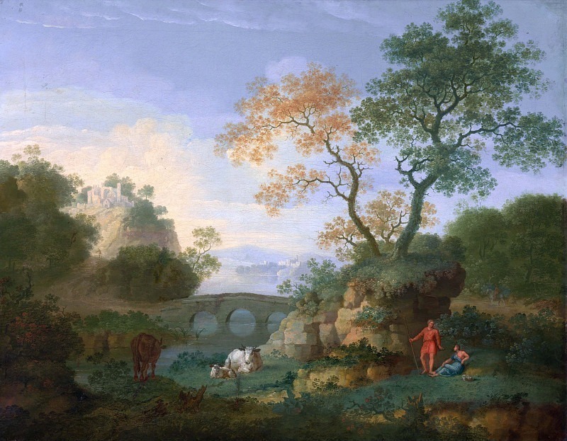 A Landscape with Distant Classical Ruins, a Bridge, Figures, and Cattle. William A Smith