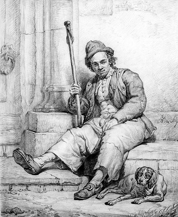 Strij van Abraham Sitting man with dog Sun. Abraham van Strij