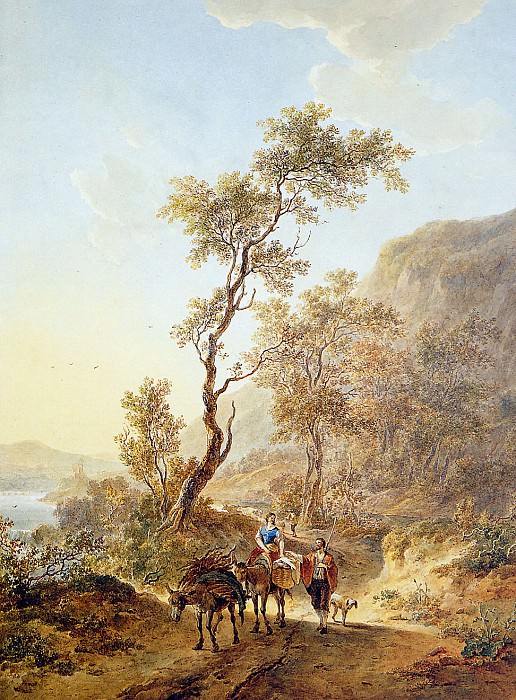 Strij van Jacob Italian landscape with herdsmen couple Sun. Abraham van Strij