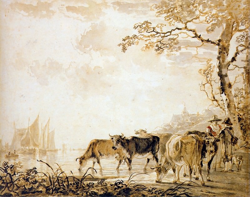 Strij van Jacob Landscape with cows Sun. Абрахам ван Стрий