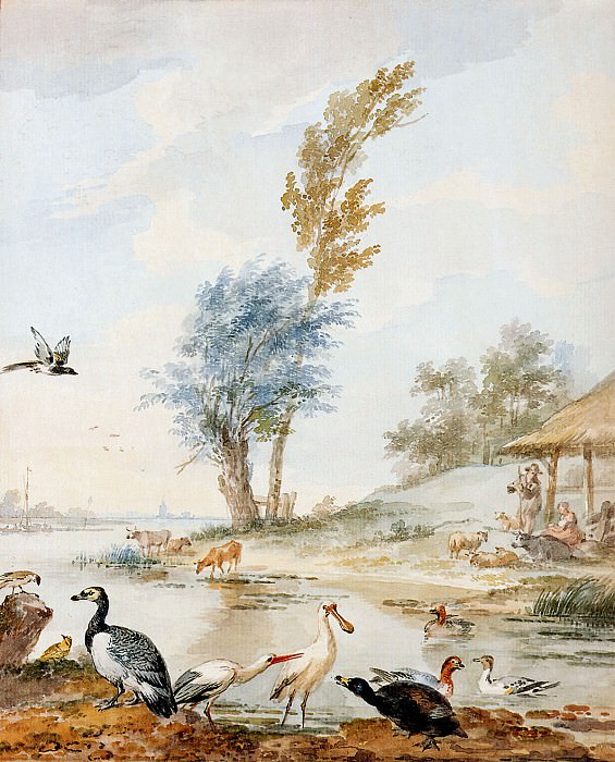 Schouman Aert Landscape with water birds Sun. Aert Schouman