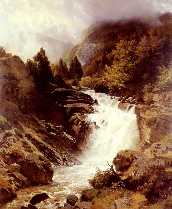 Steffan Johann Gotterfried A Waterfall In The Bavarian Alps. Иоганн Готфрид Штеффан