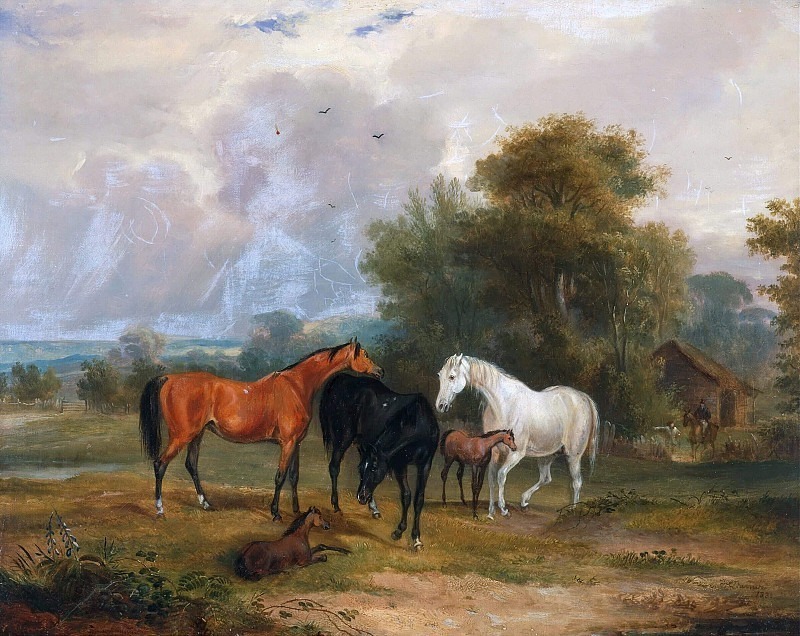 Horses Grazing- Mares and Foals in a Field. Francis Calcraft Turner