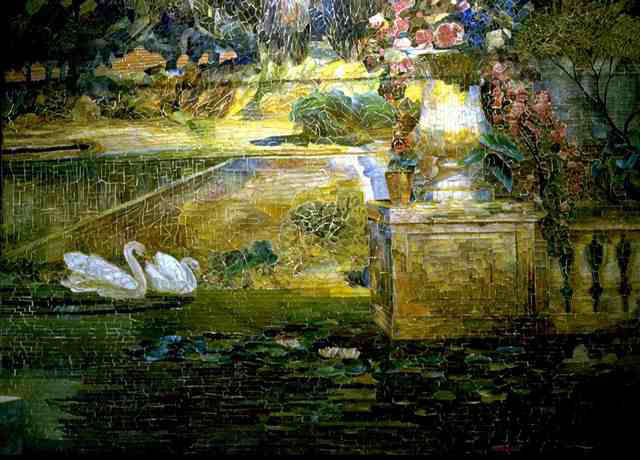 Tiffany Mosaic Fountain. Detail of swans. Louis Comfort Tiffany