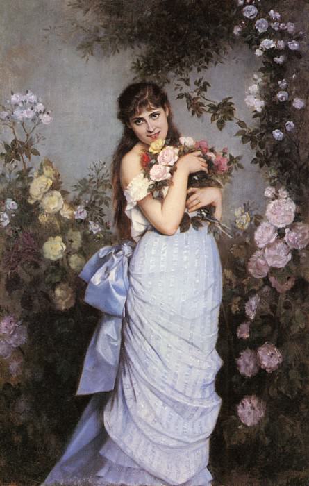 Toulmouche Auguste A Young Woman In A Rose Garden. Огюст Тулмуш