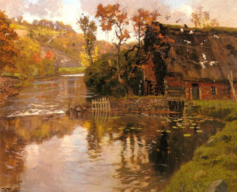 Thaulow Frits Cottage By A Stream. Frits Thaulow