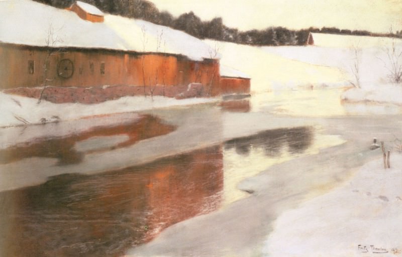 Thaulow Fritz A factory Building Near An Icy River In Winter. Frits Thaulow