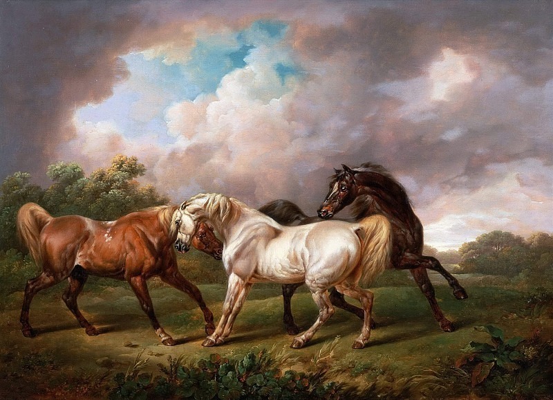 Три лошади в ненастном пейзаже