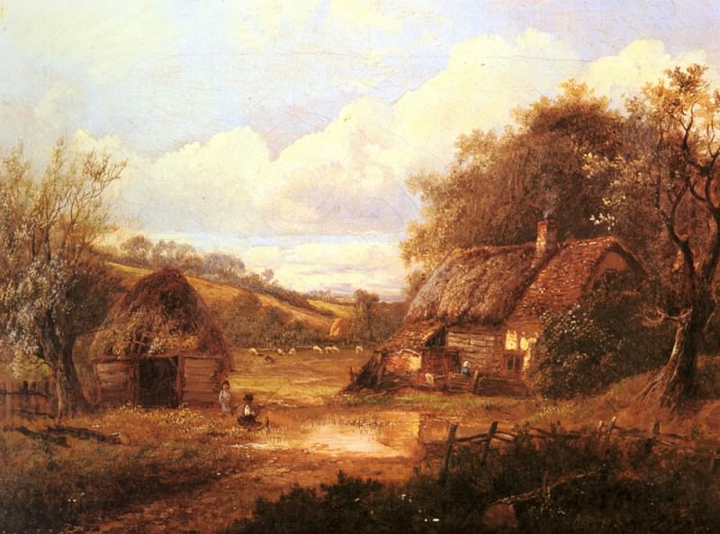 Thors Joseph Landscape With Figures Outside A Thatched Cottage. Joseph Thors