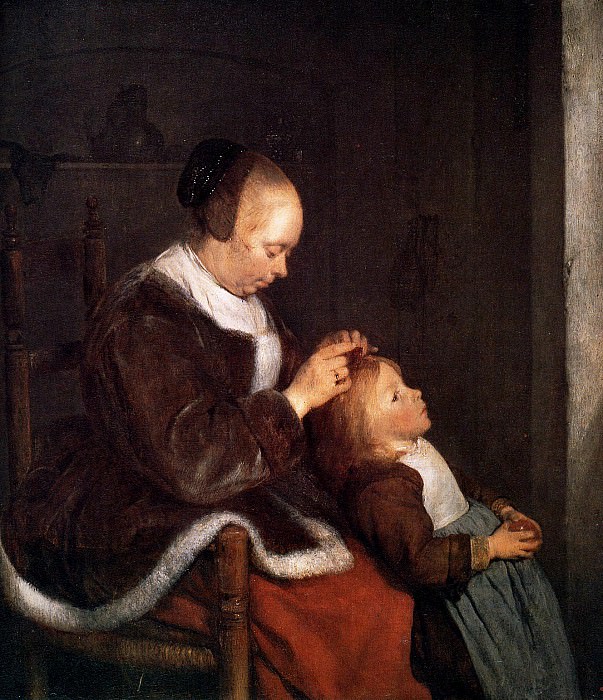 Mother fine combing the hair of her child. Gerard Terborch