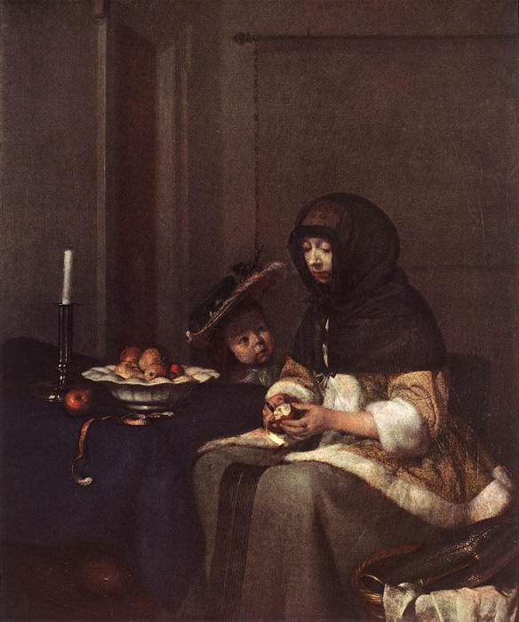 Женщина, срезающая кожуру с яблока. Герард Терборх