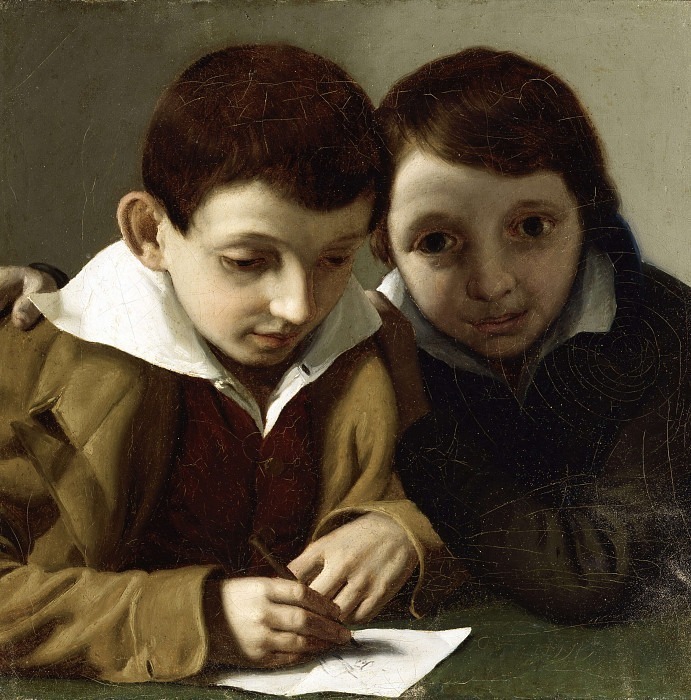 Two children drawing, Giacomo Trecourt