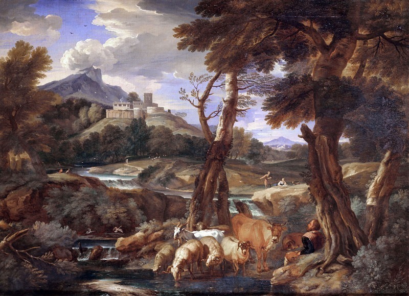 River landscape with flock. Cavalier (Pieter Mulier il Giovane) Tempesta