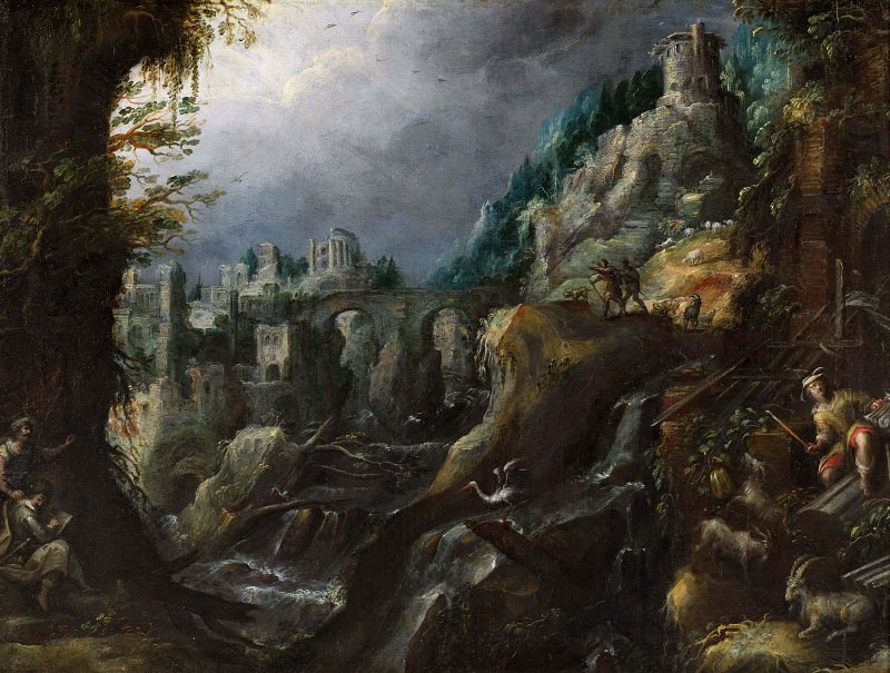Mountain landscape with deserted river, classical ruins and shepherds. Lodewijk (Pozzoserrato) Toeput