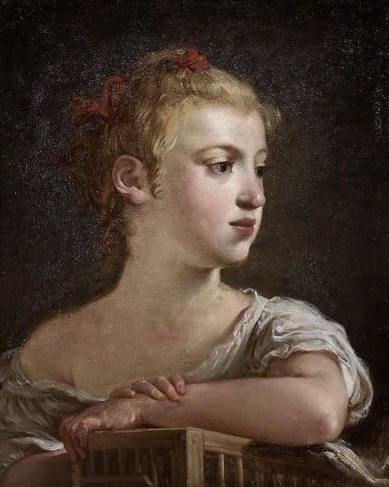 Portrait of young girl with bird cage. Hugues Taraval