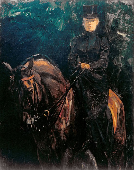 Ida Gorz on horseback. Wilhelm Trubner