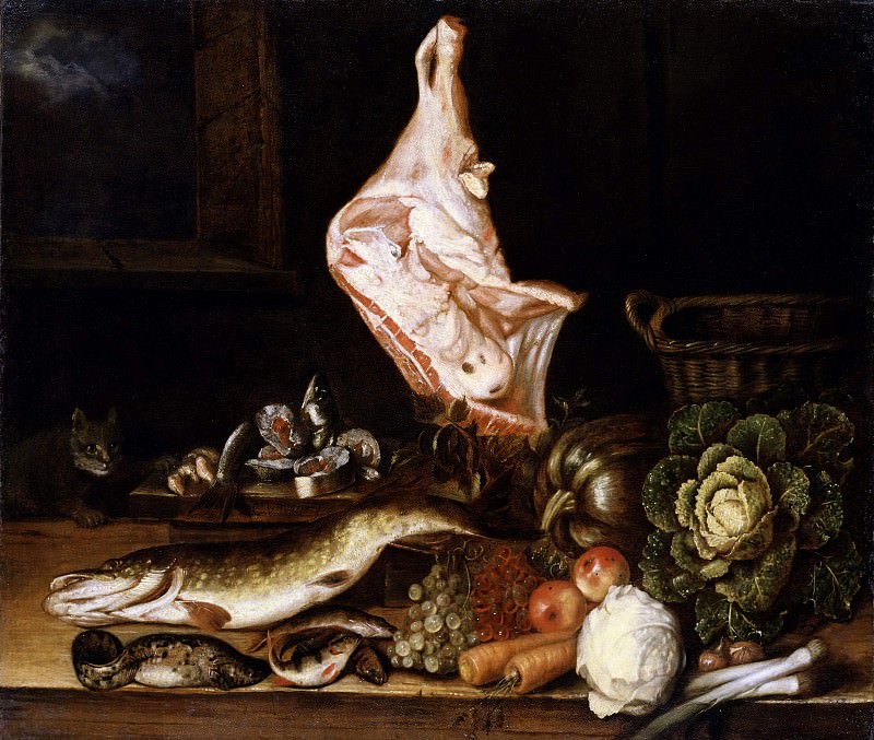 Натюрморт с телятиной, зеленью и рыбой. Кристиан фон Тум
