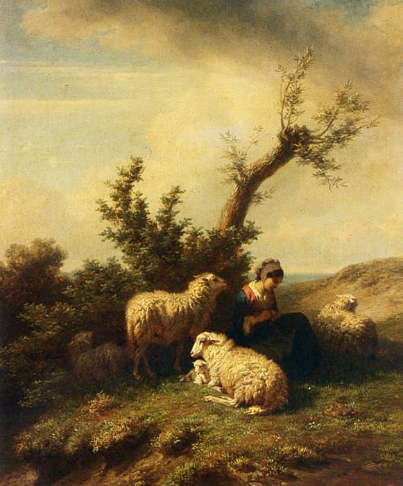Tschaggeny Edmond Jean Baptiste A Shepherdess And Her Flock. Edmond Jean Baptiste Tschaggeny