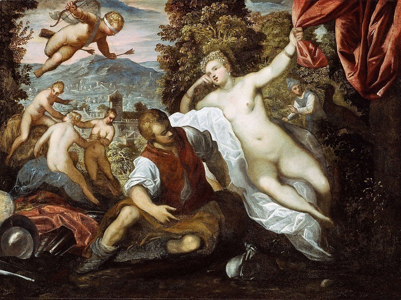 Venus and Mars with Cupid and the Three Graces in a Landscape. Domenico Tintoretto