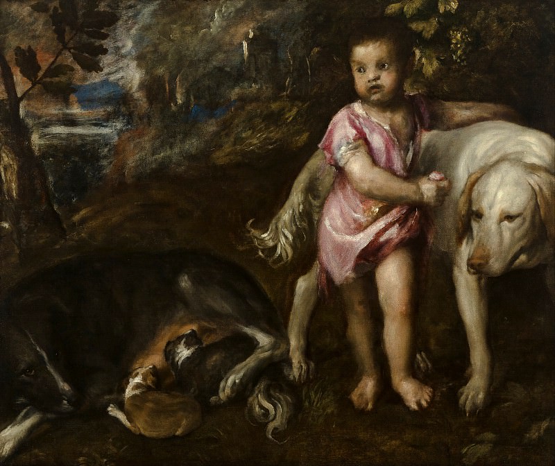 Мальчик с собаками на фоне пейзажа