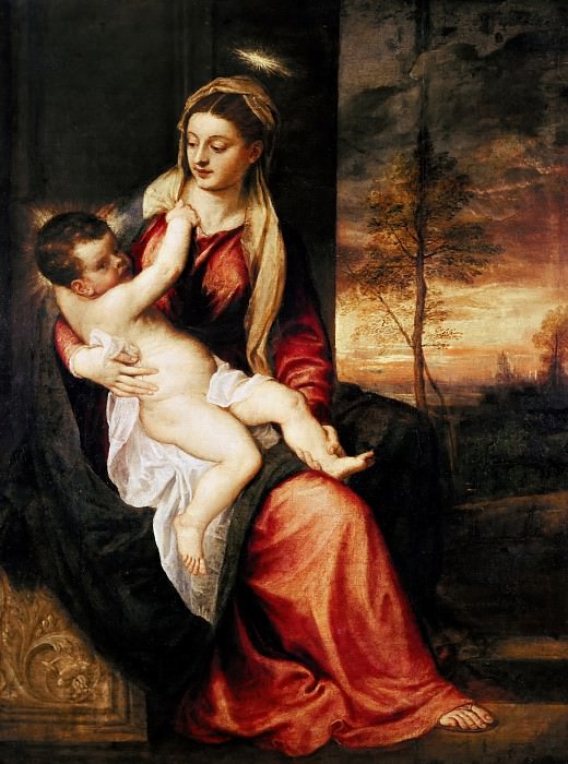 Мадонна с младенцем на закате. Тициан (Тициано Вечеллио)